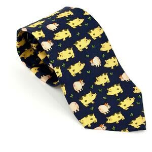 Vintage 90s Alynn Neckwear Navy Silk Oink Pig Novelty Necktie